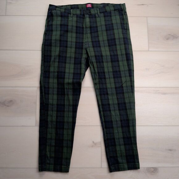 Levis Chino XX Blackwatch Pants Mens 38x28 Green Plaid Tartan Taper Stretch Warm - Picture 1 of 13